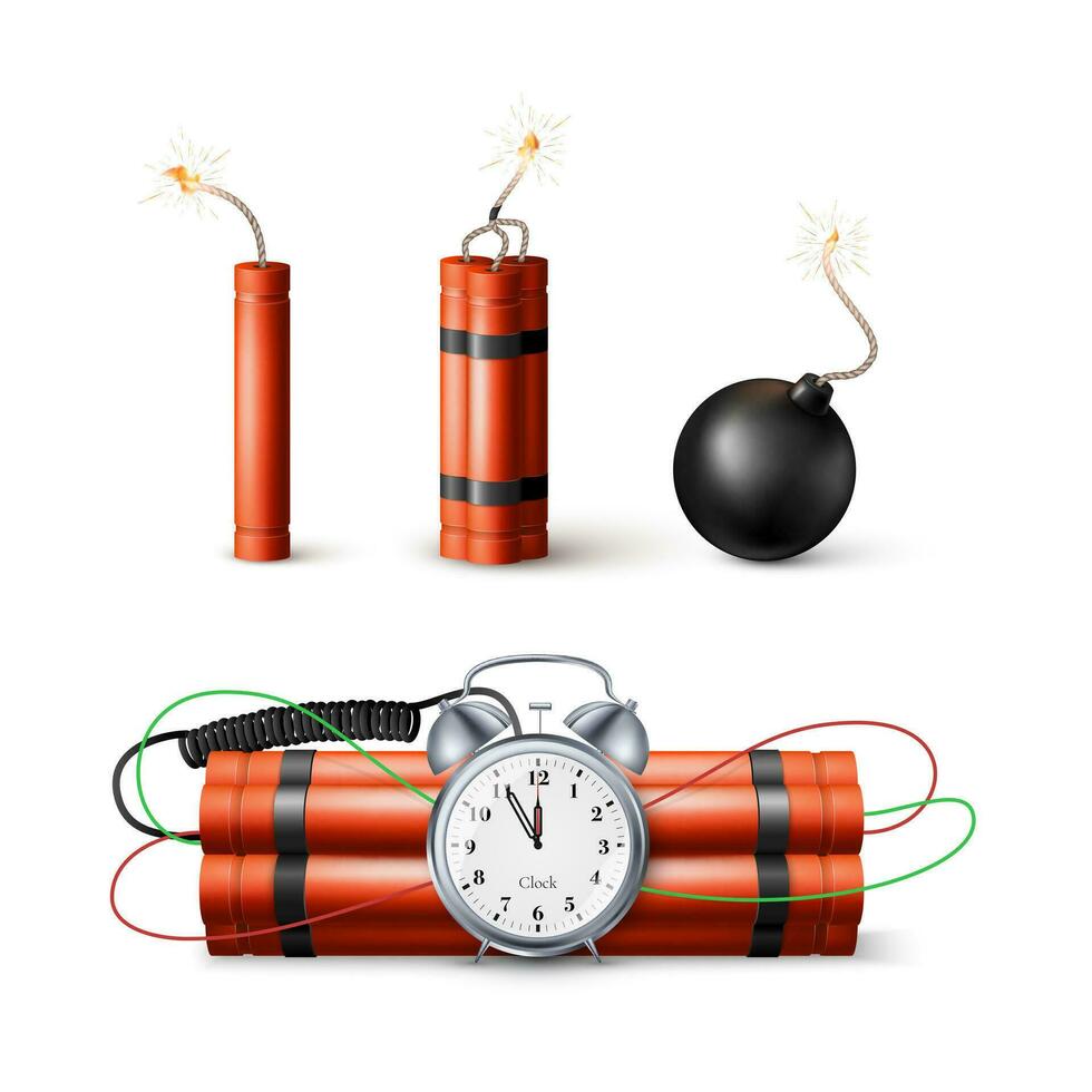 Dynamite Bomb with Countdown Clock and Black Sphere Bomb. Military Detonate Weapon. Vector illustration isolated on white