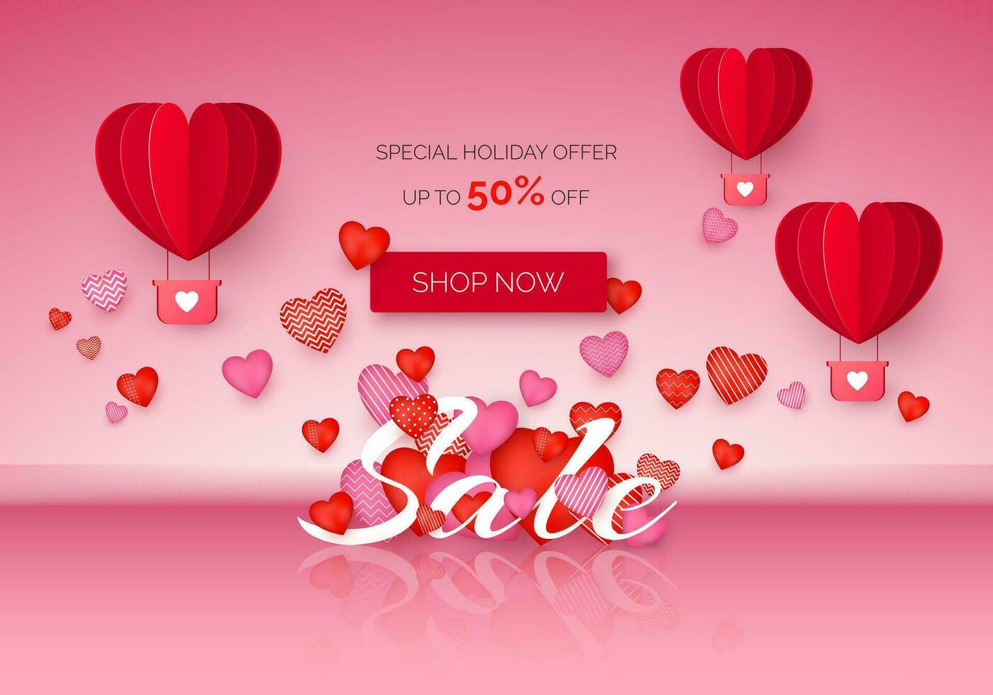 Valentines day Sale poster with holiday discount offer. Valentine Day banner with red and pink hearts and air balloons. February store promo. Vector illustration
