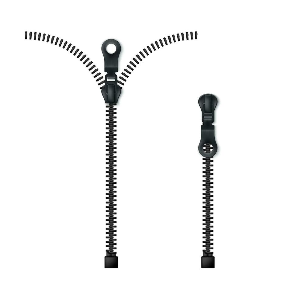 Zipper. Closed and open black zip. Vector illustration isolated on white background