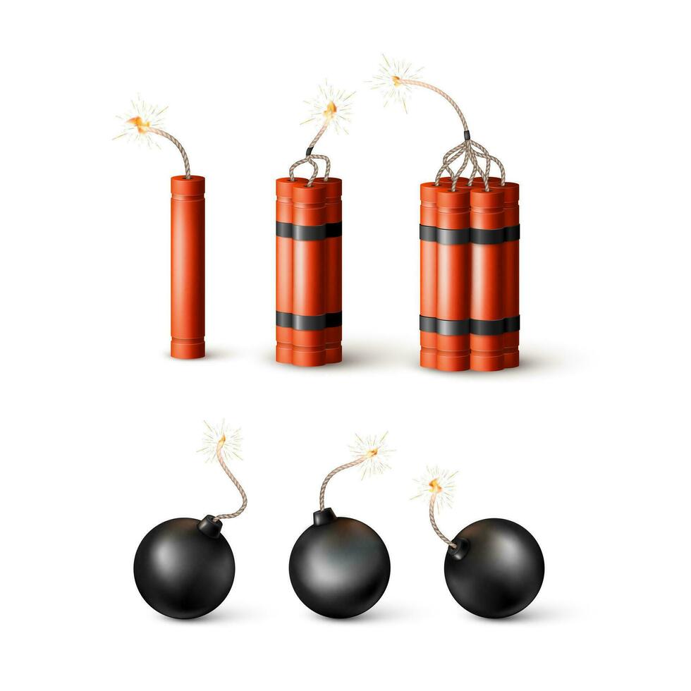Set of Dynamite Bomb with Burning Wick and black sphere bomb. Military Detonate Weapon. Vector illustration