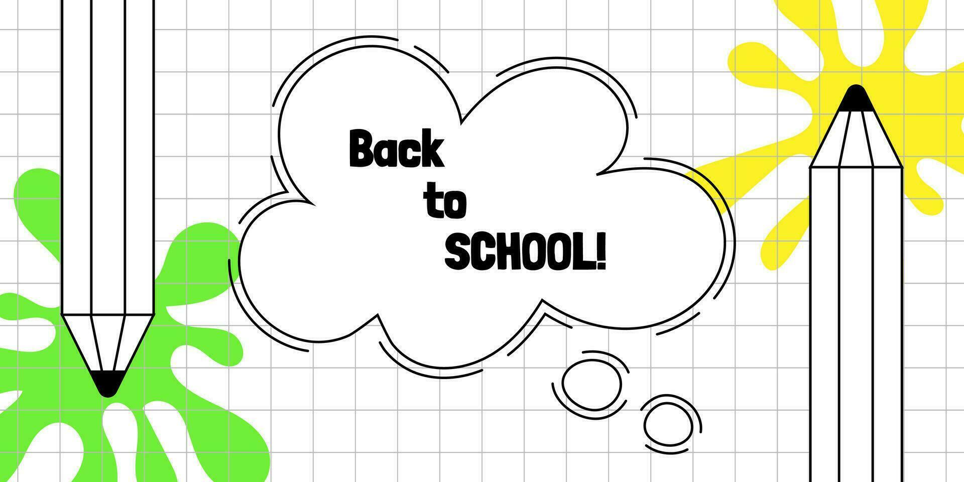 Back to School banner, greeting with First Day of School with pencils and colorful splashes. Welcome back to school vector banner.