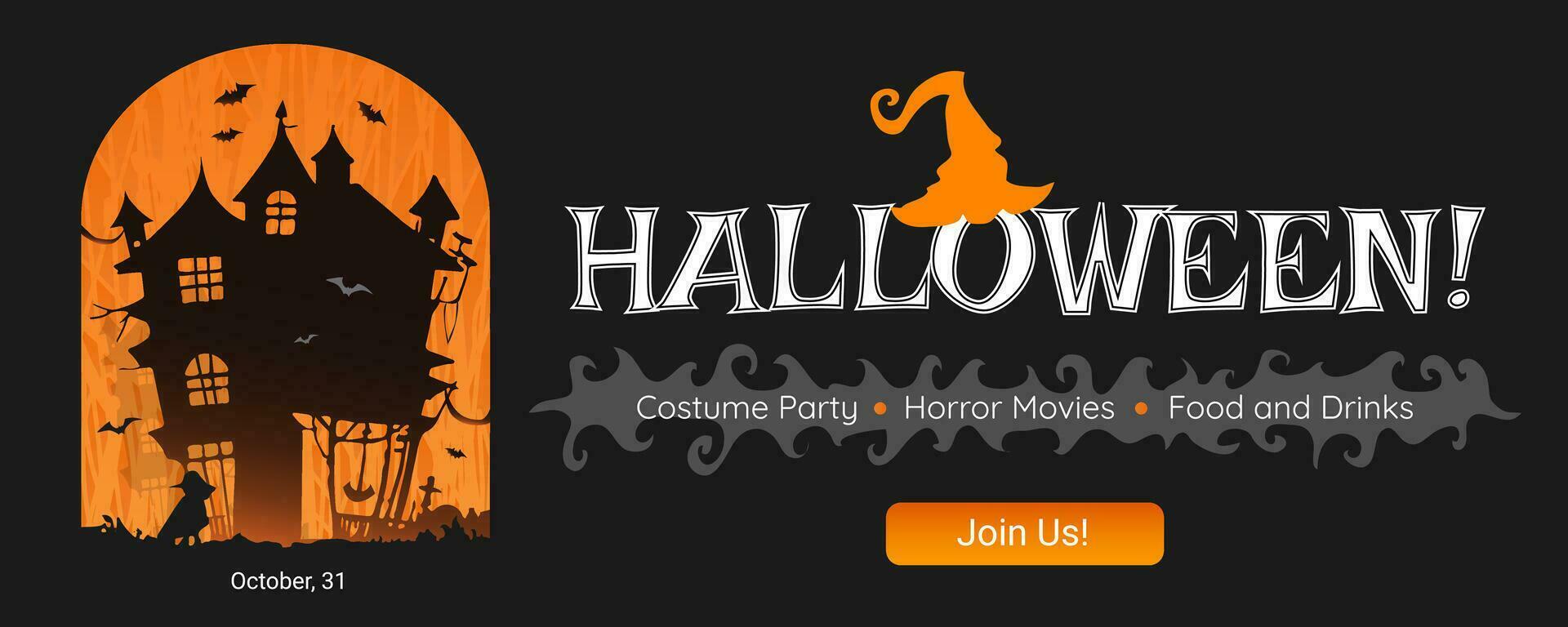 Halloween Party web banner, announce, invitation, vector illustration for a Spooky season, greeting with Halloween, internet banner.