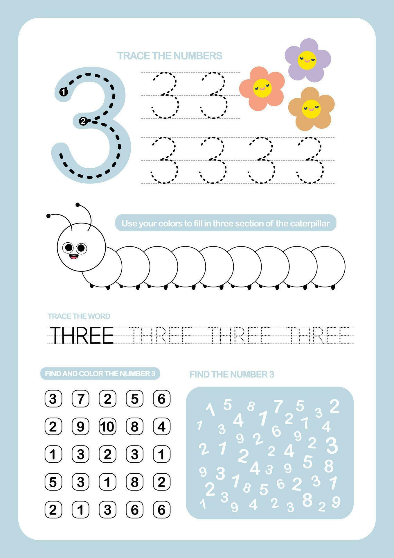 flat design vector cute colorful flashcards number tracing printable