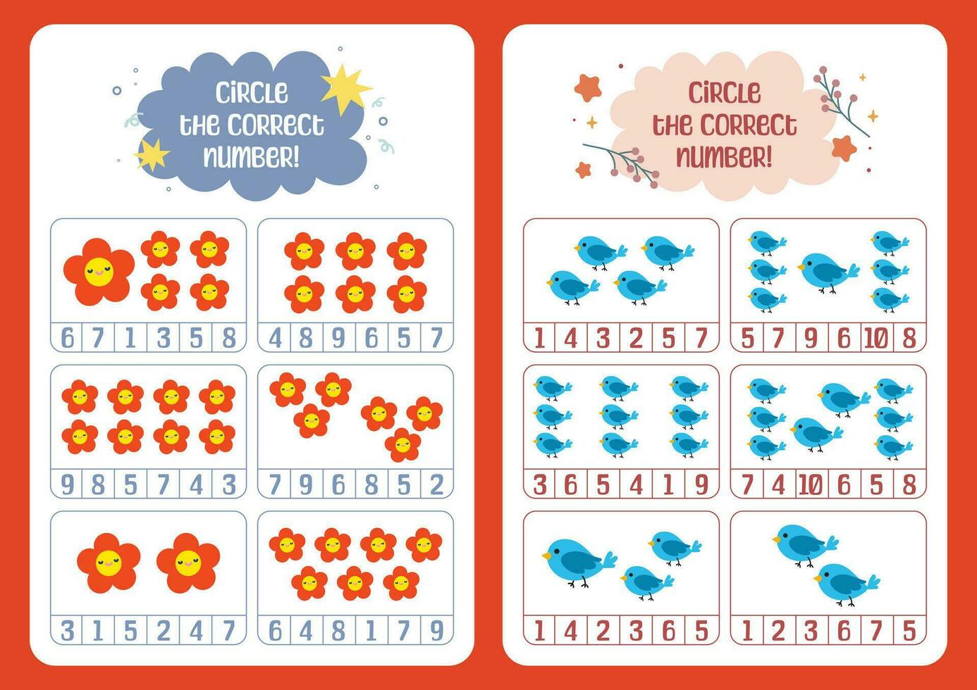 flat design vector cute colorful find the correct number counting for kids activity printable