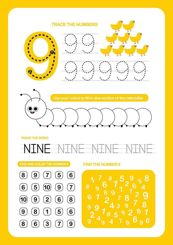 flat design vector cute colorful flashcards number tracing printable for kids activity
