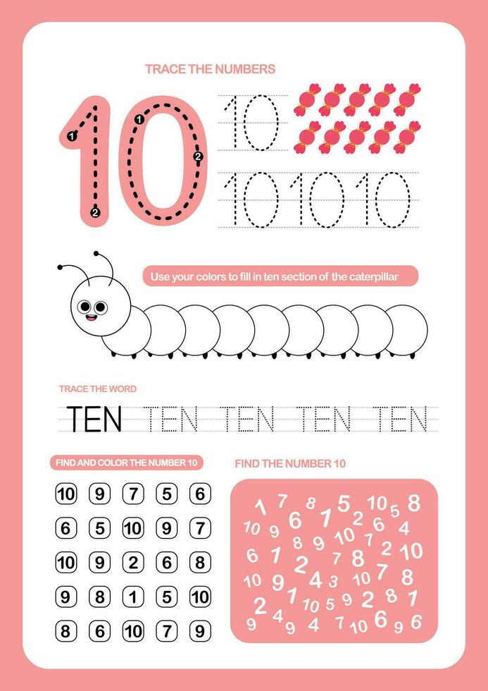 flat design vector cute colorful flashcards number tracing printable for kids activity