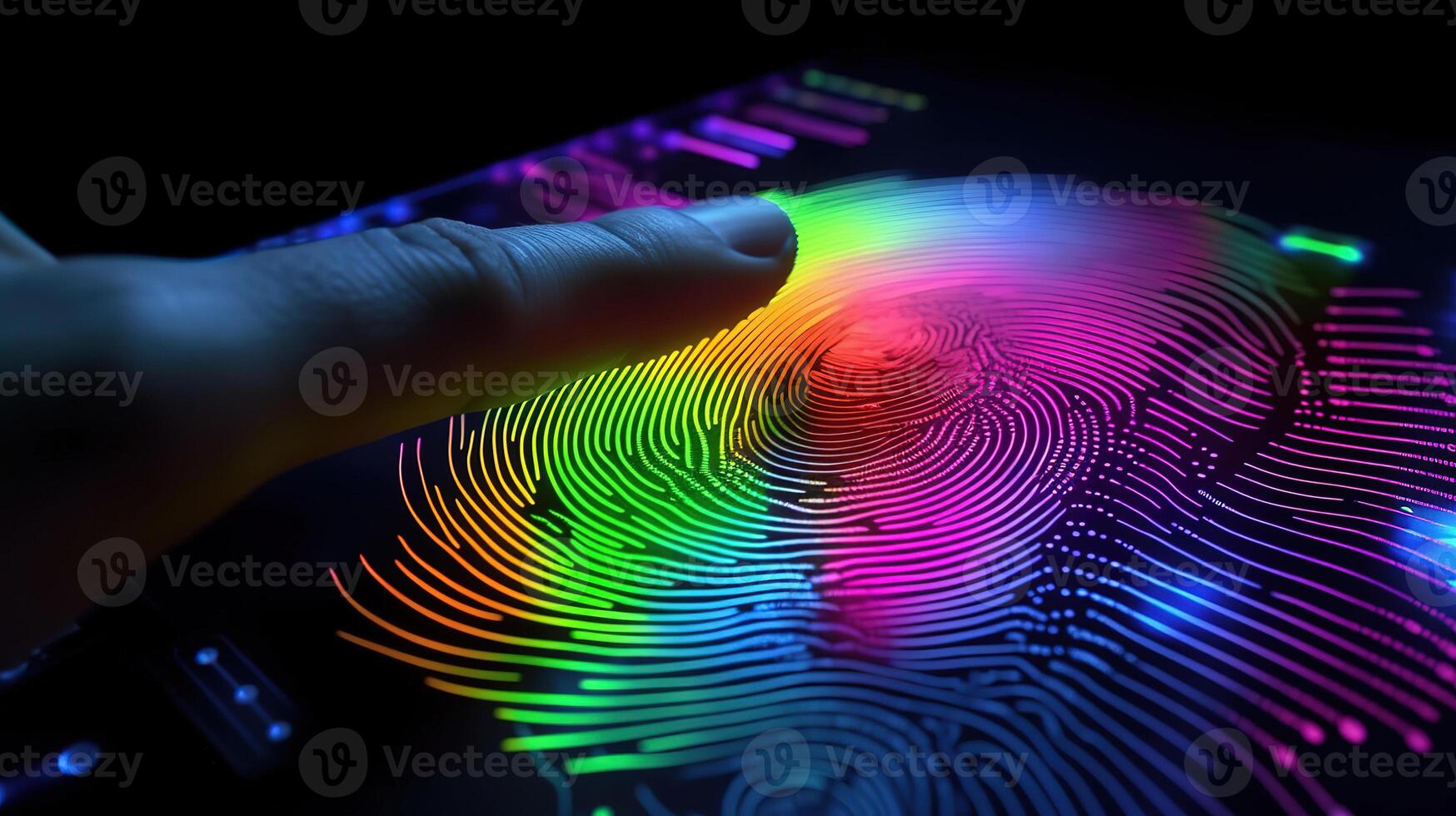 Close-up of a finger being pressed down on a fingerprint scanner. photo