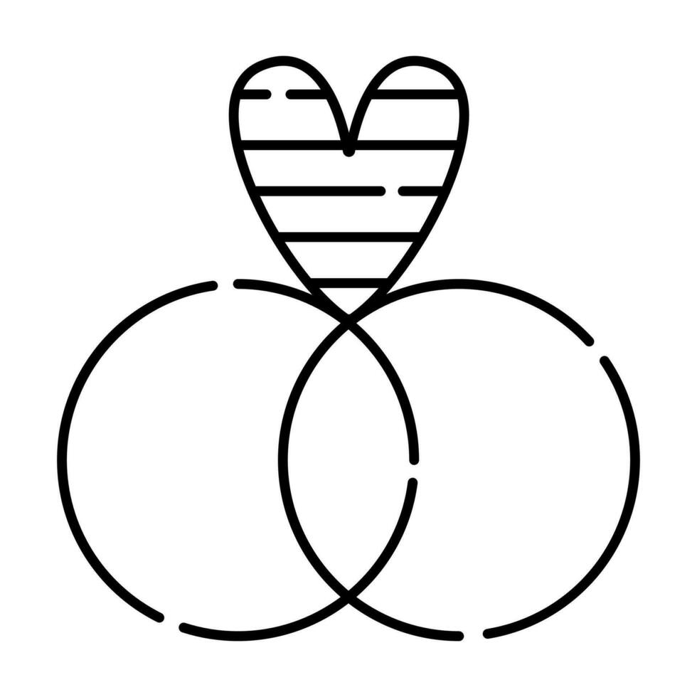 The sign of lgbt marriage, two rings and rainbow heart, vector black line icon