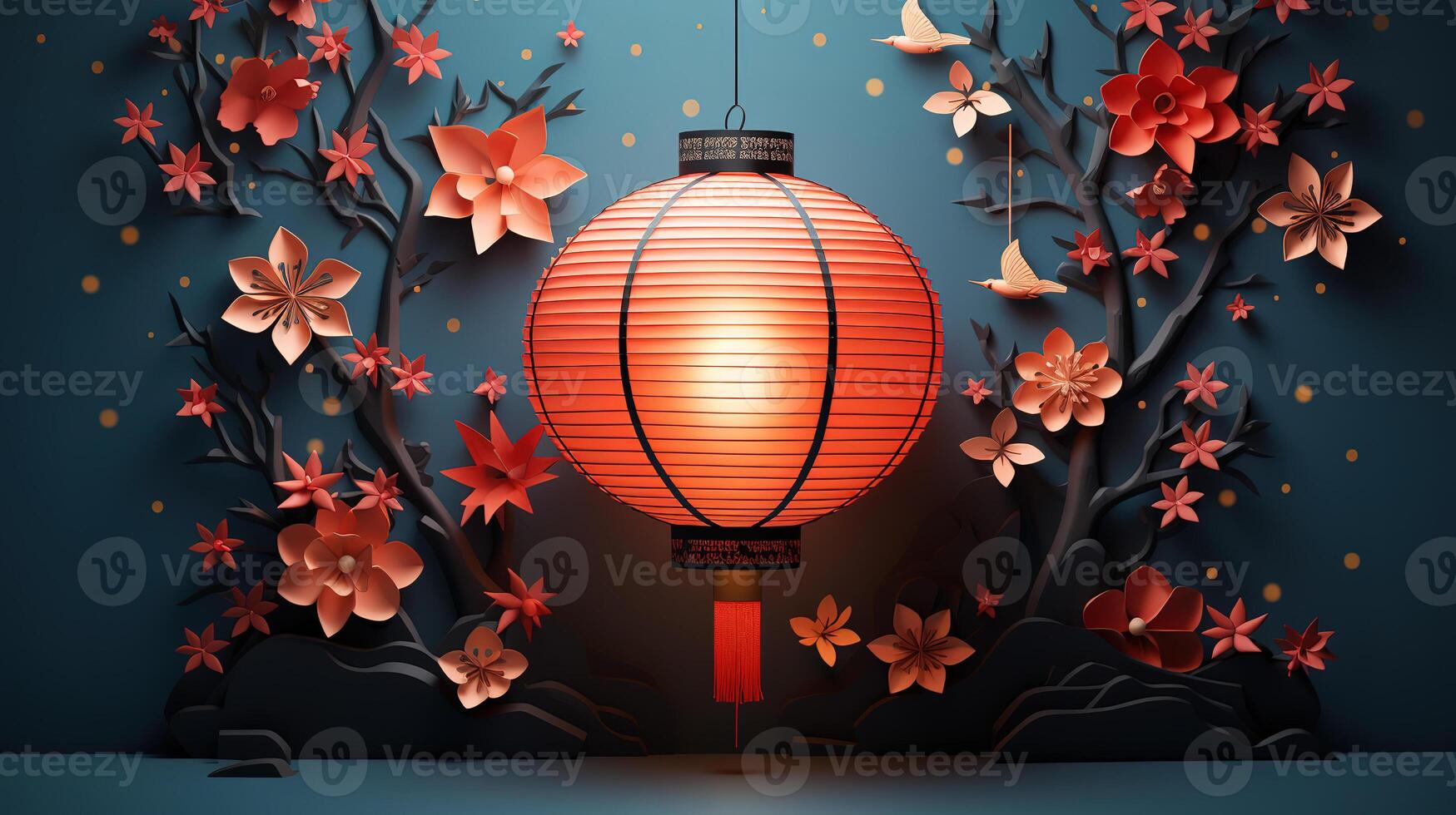 A background with orange lanterns and leaves on a tree. photo