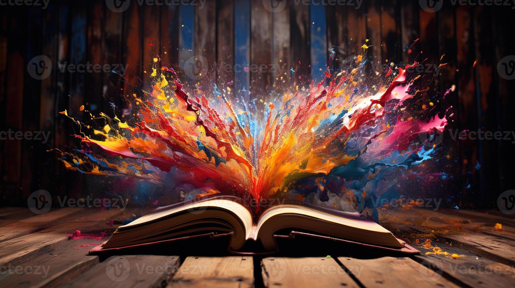 An open book on a wooden table with a fairy light coming out of it and a fairy. photo