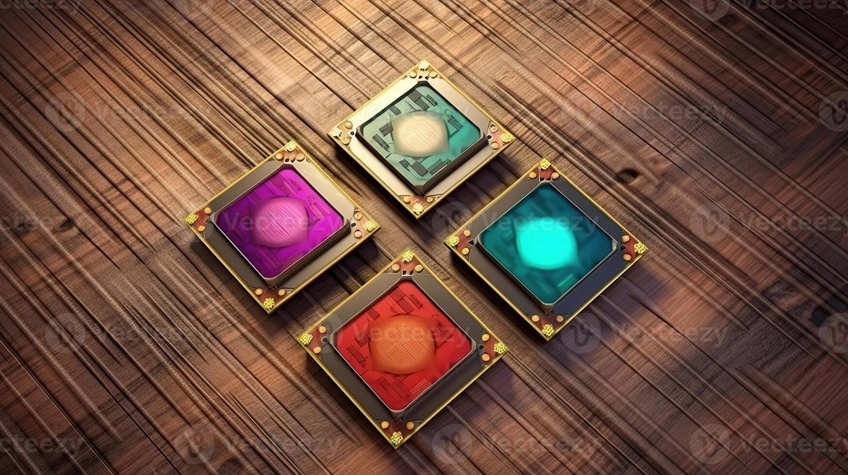 CPU chip isometric view, top view, Mix color, on the wood Background. photo