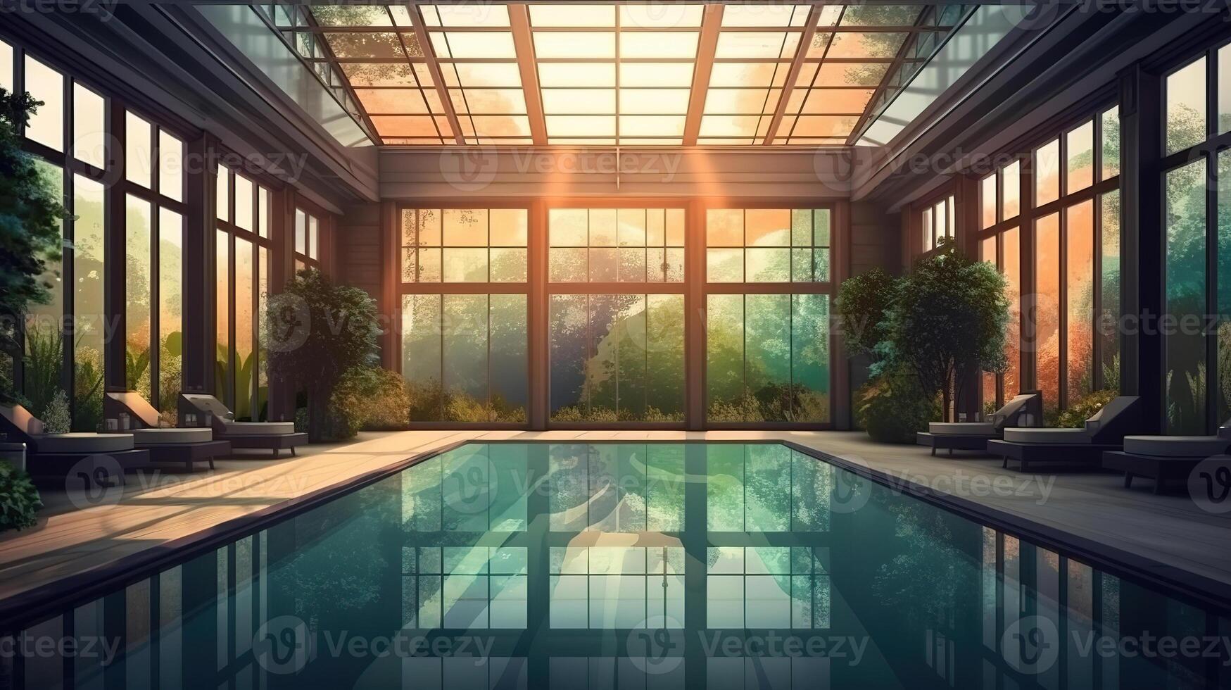 Indoor pool in private villa overlooking evening park behind windows. photo