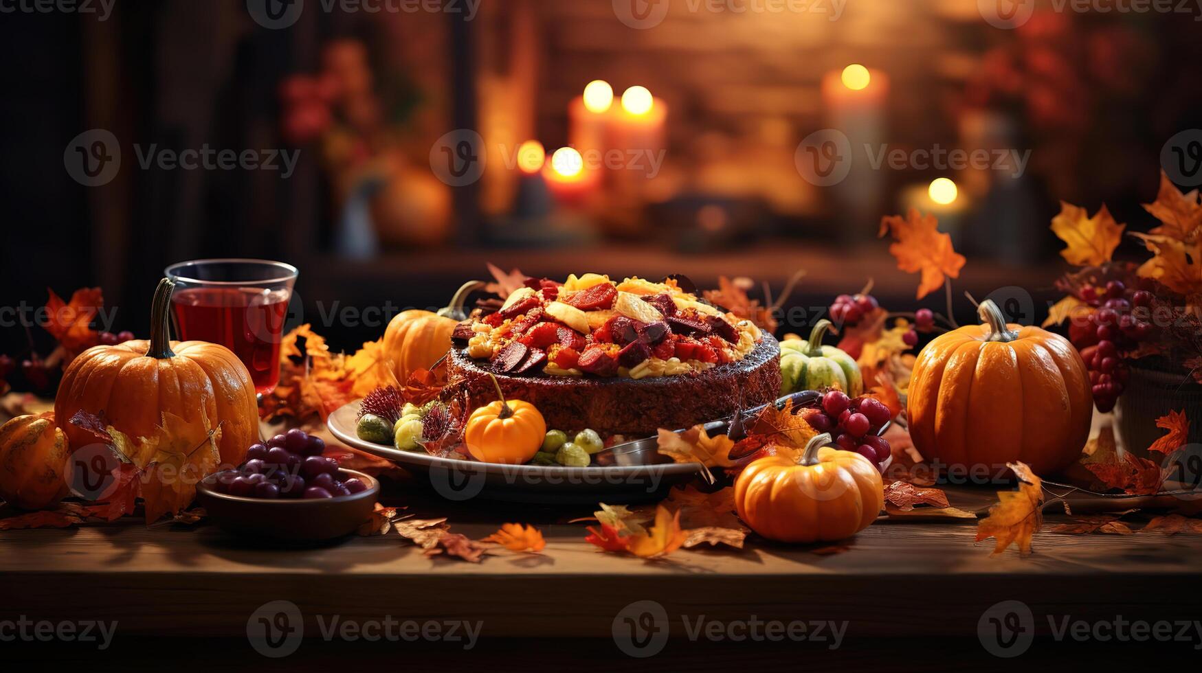 Thanksgiving festive table composition with roasted turkey. photo