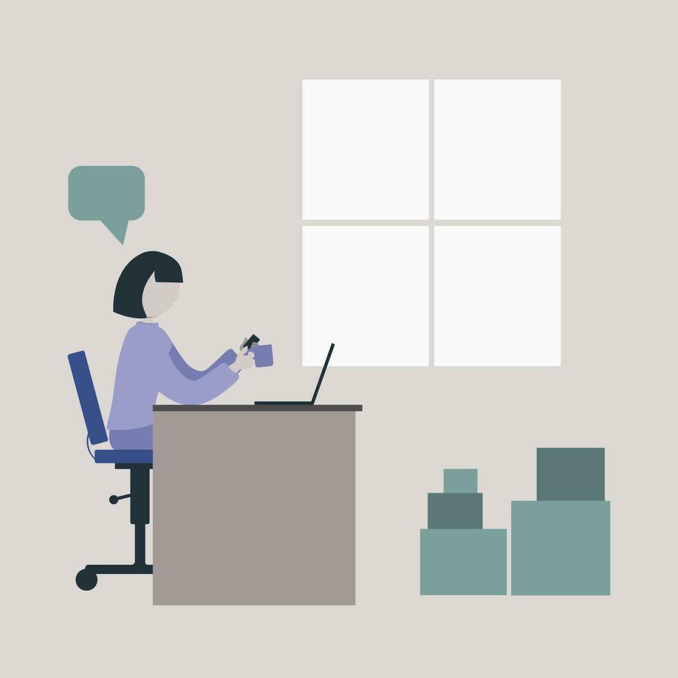 Graphic vector illustration of a girl at a desktop with a laptop, phone and a cup, working in a delivery service on a gray background.