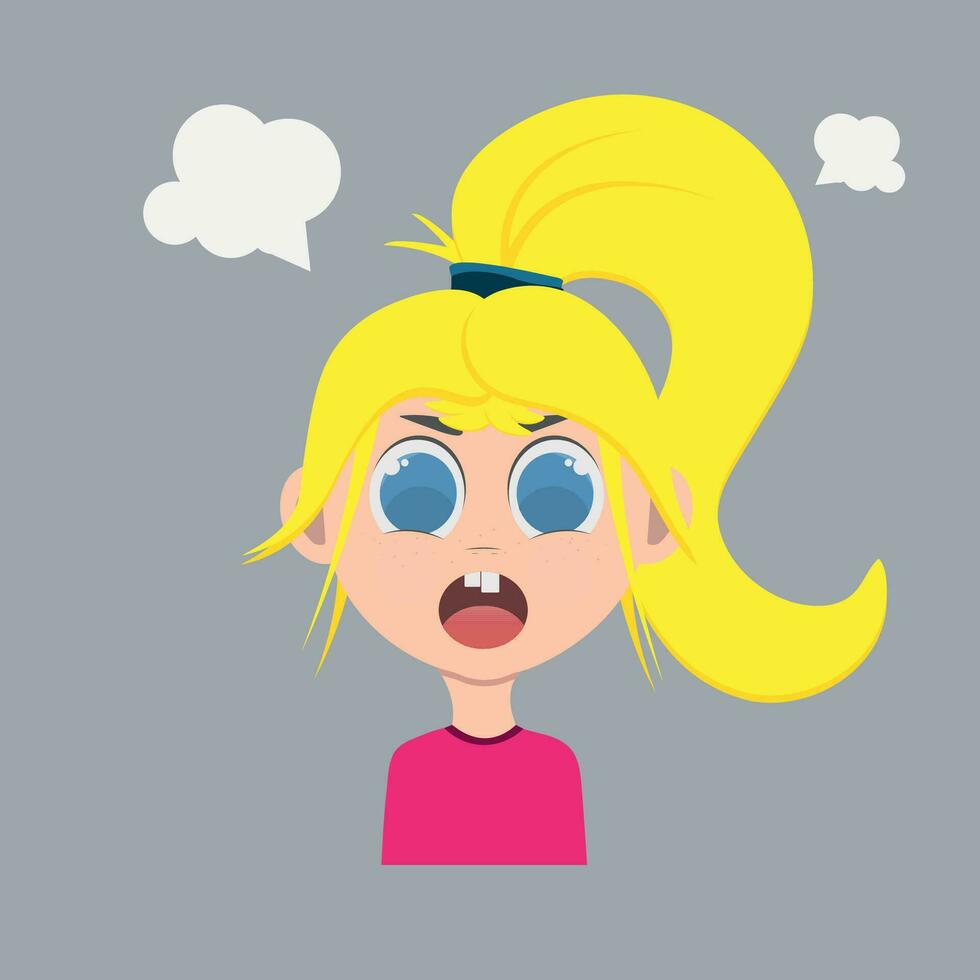 Graphic vector illustration of an angry girl with yellow hair on a gray background.
