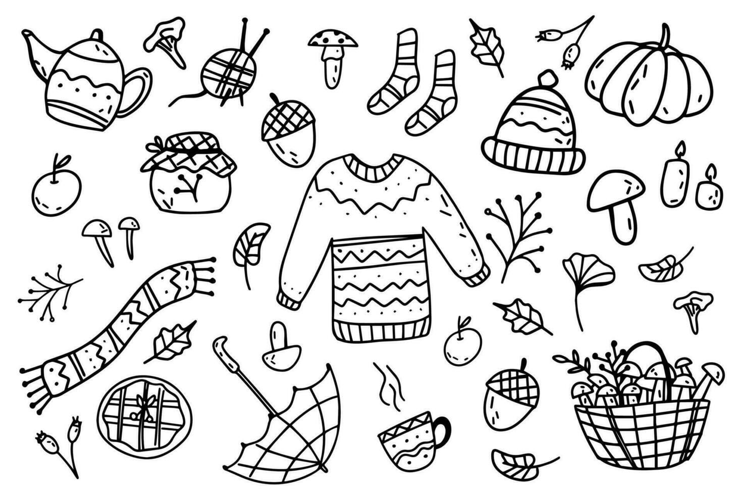 Doodle collection of autumn elements. Leaves, mushrooms, autumn clothes. Doodle set autumn collection of elements in black and white isolated on a white background. vector