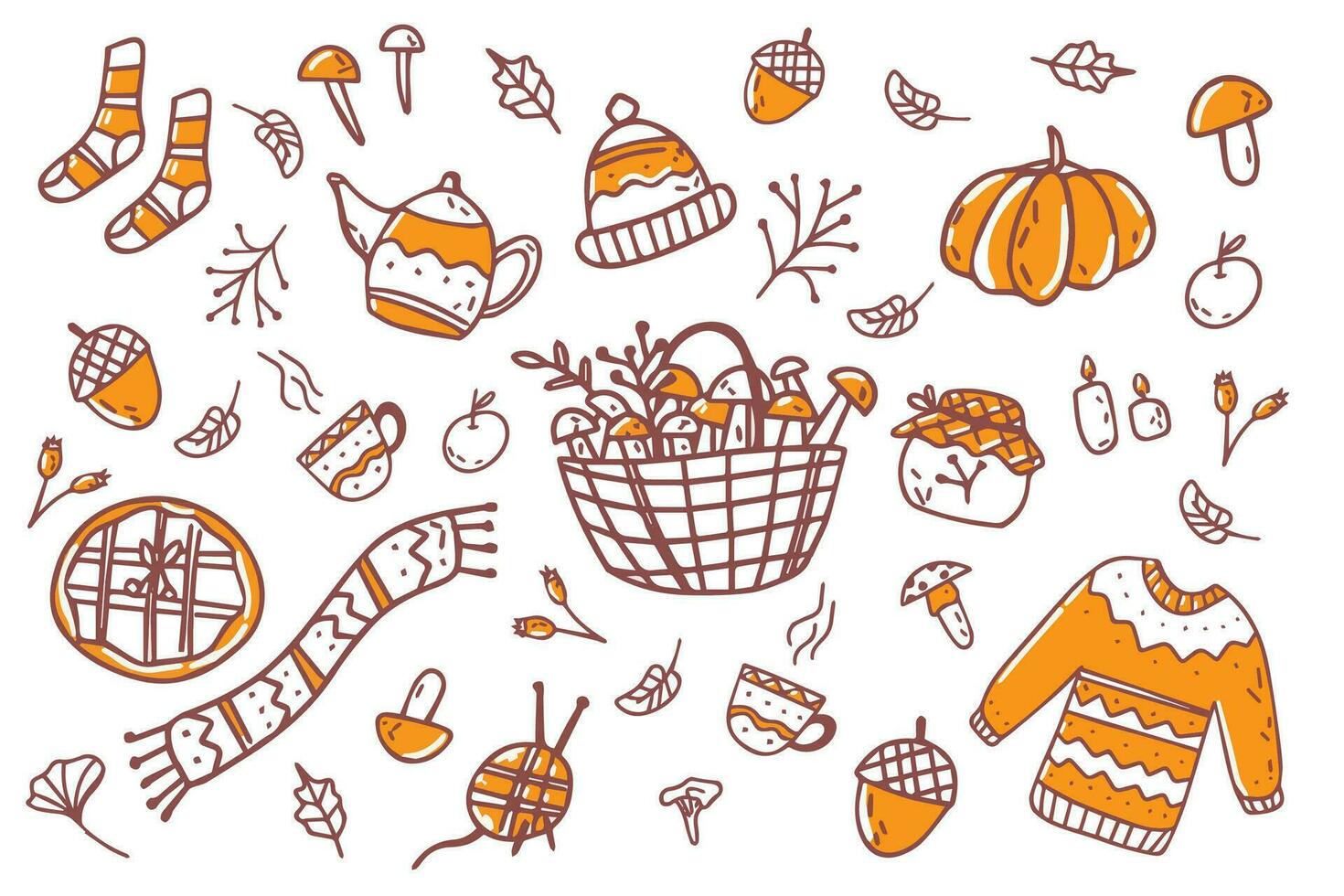 Doodle collection of autumn elements. Leaves, mushrooms, autumn clothes. Doodle set autumn collection of elements in black and white isolated on a white background. vector