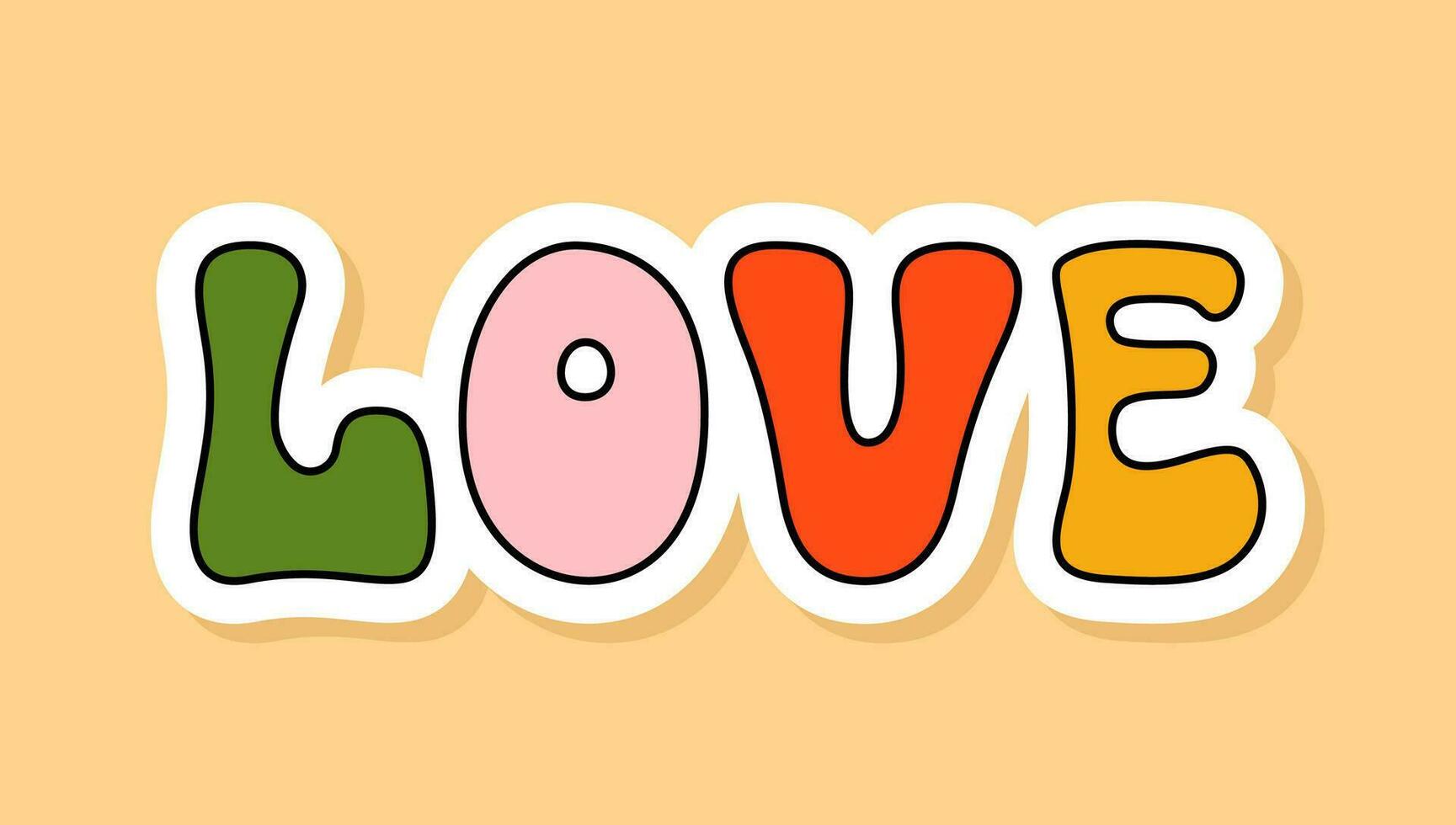 Vector Love retro lettering sticker isolated on yellow background. 70s style cartoon icon with white contour