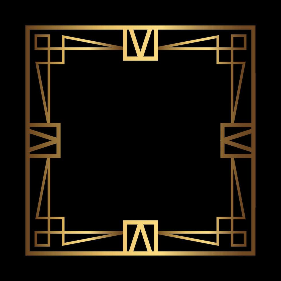 Art Deco Gold Square vector frame on black. Isolated metal border with empty space