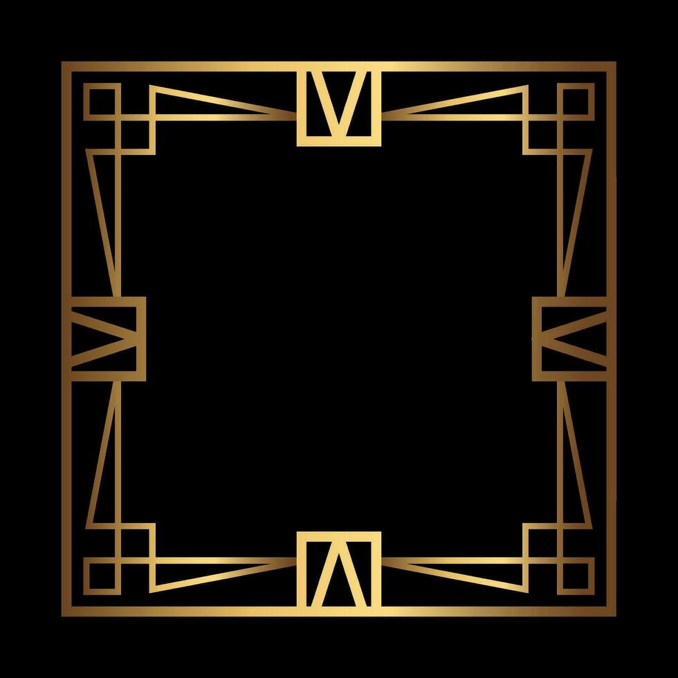 Art Deco Gold Square vector frame on black. Isolated metal border with empty space