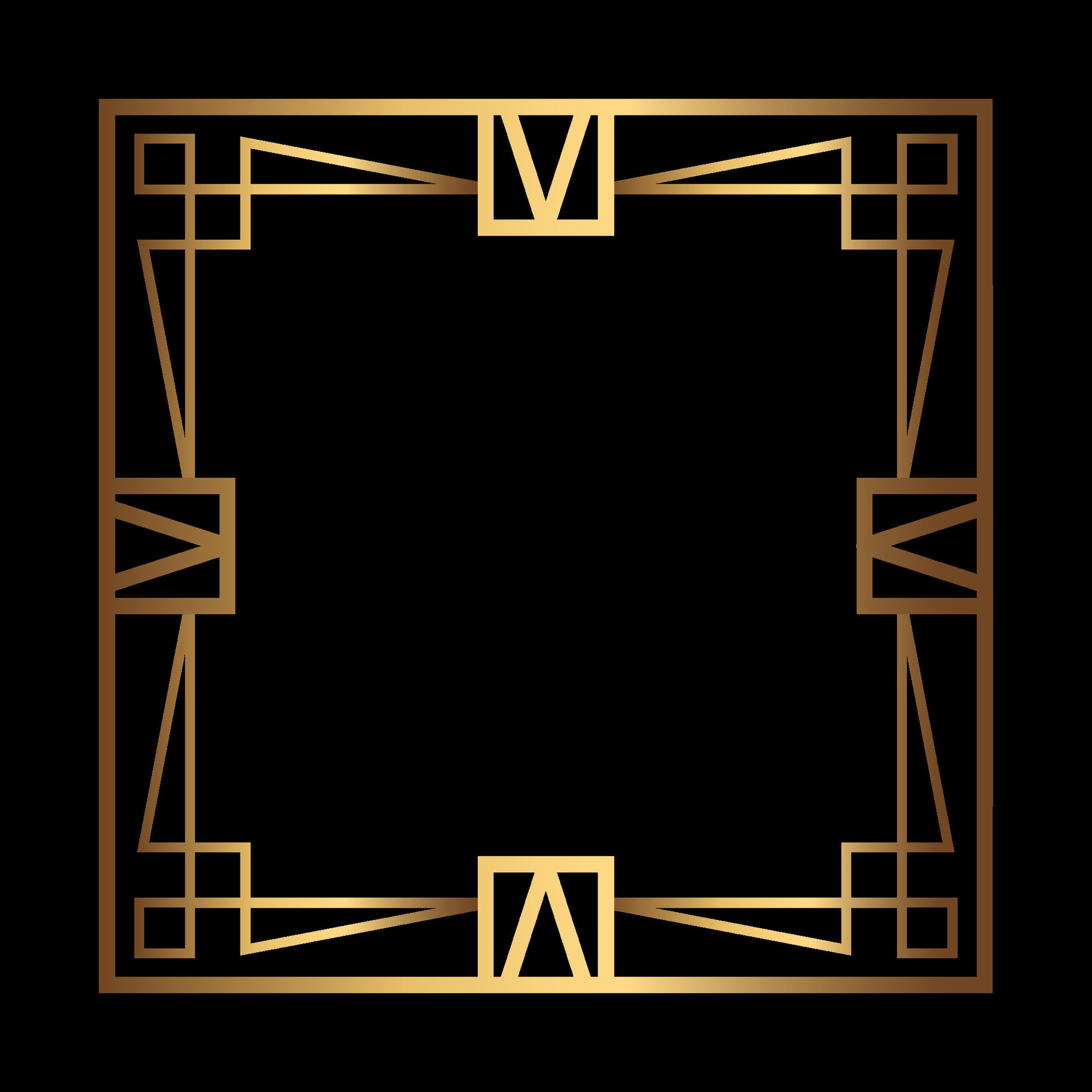 Art Deco Gold Square vector frame on black. Isolated metal border with