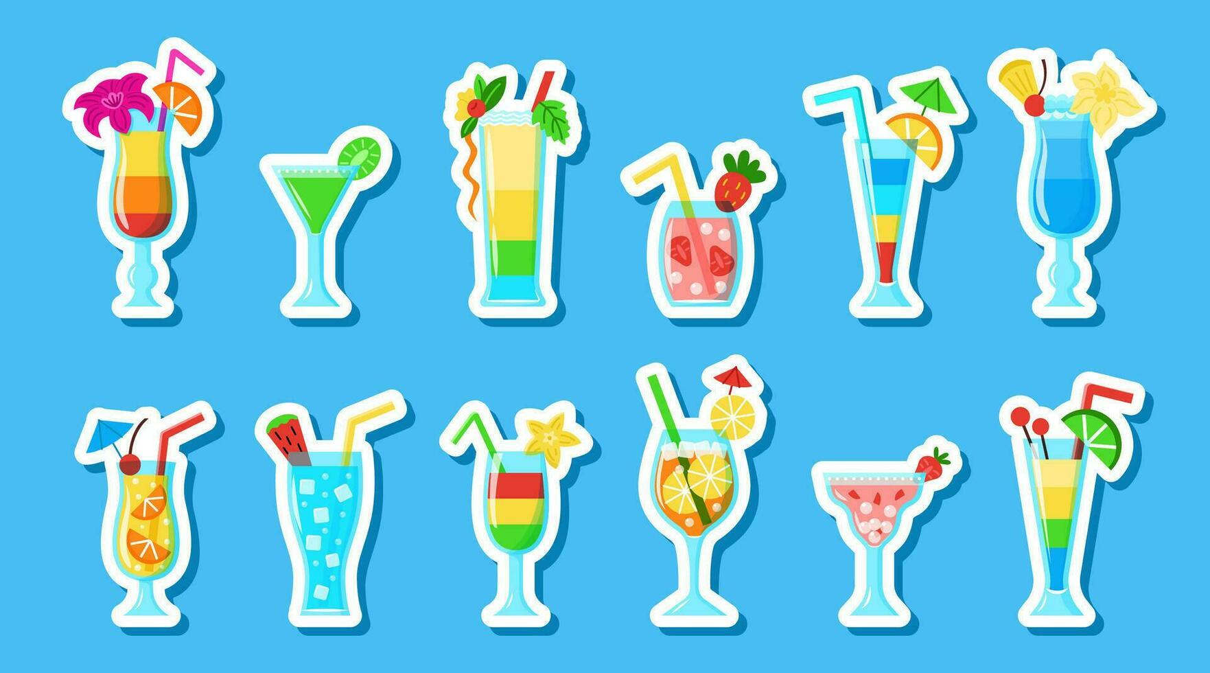 vector cócteles pegatinas colección aislado en azul. verano frío vistoso dibujos animados bebidas con Fruta rebanadas y flores