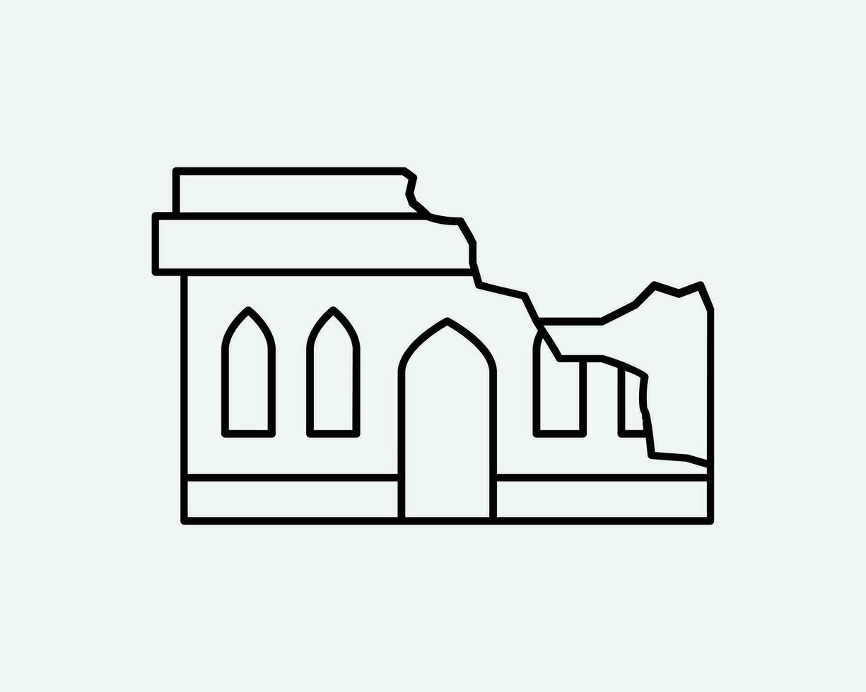 Building Destroyed Line Icon. House Home Destruction Damage Disaster Destroy Bomb War Sign Symbol Black Artwork Graphic Illustration Clipart EPS Vector
