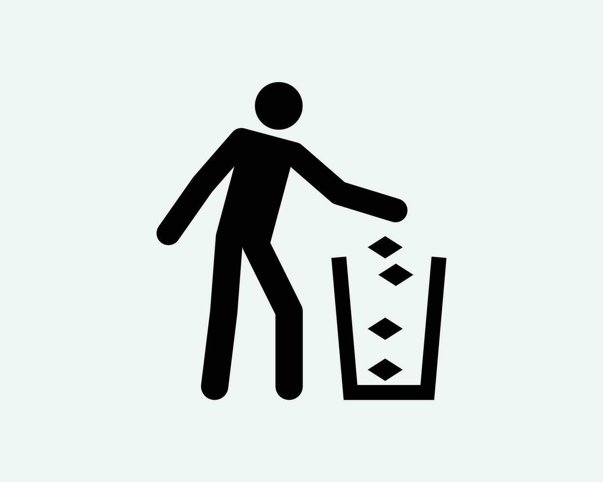 lanzar basura en compartimiento sitio basura basura lata bote de basura hombre negro blanco silueta símbolo icono firmar gráfico clipart obra de arte ilustración pictograma vector