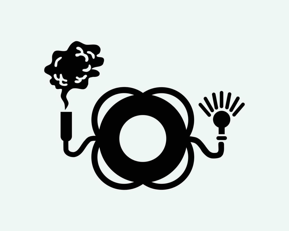 Lifebuoy with Light and Smoke Emergency Rescue Ring Float Black White Silhouette Sign Symbol Icon Clipart Graphic Artwork Pictogram Illustration Vector