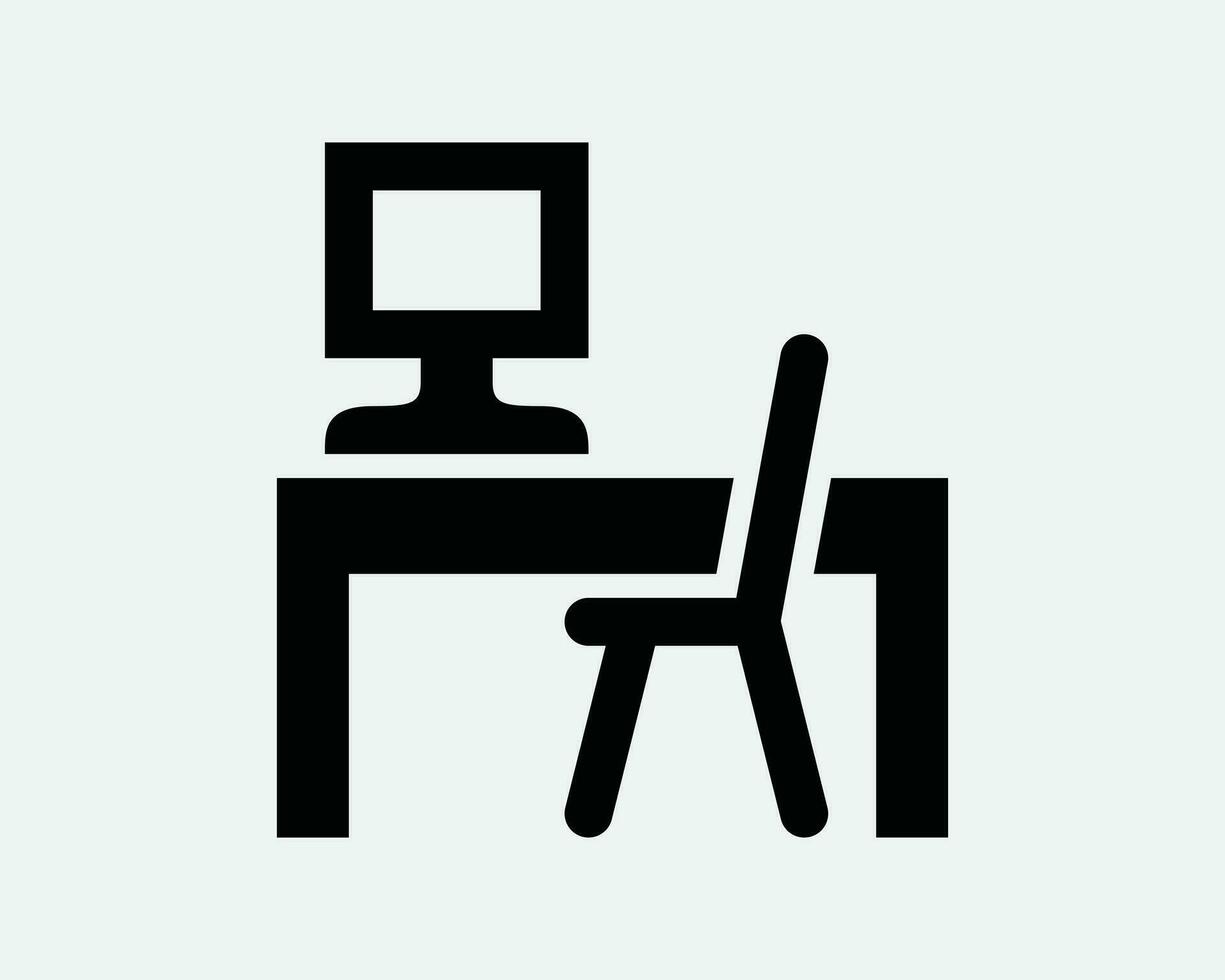 Computer Desk Icon. Monitor Screen Table Chair Workplace Desktop Work Furniture Workspace Icon Sign Symbol Artwork Graphic Illustration Clipart Vector