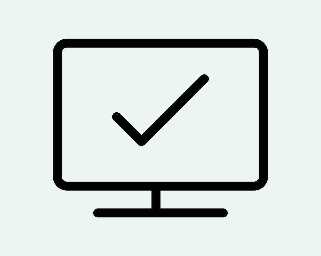 Display Screen Ok Icon. Computer Monitor PC Okay Status Checked Verified Tick Black White Sign Symbol Illustration Artwork Graphic Clipart EPS Vector