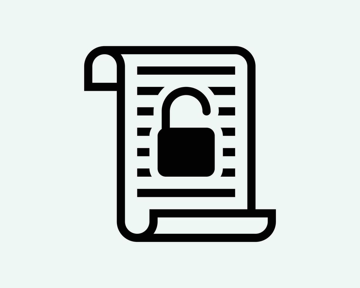 Unlock Scroll Document Icon. Security Secret Open Access Password Privacy Safe Text Sign Symbol Black Artwork Graphic Illustration Clipart EPS Vector