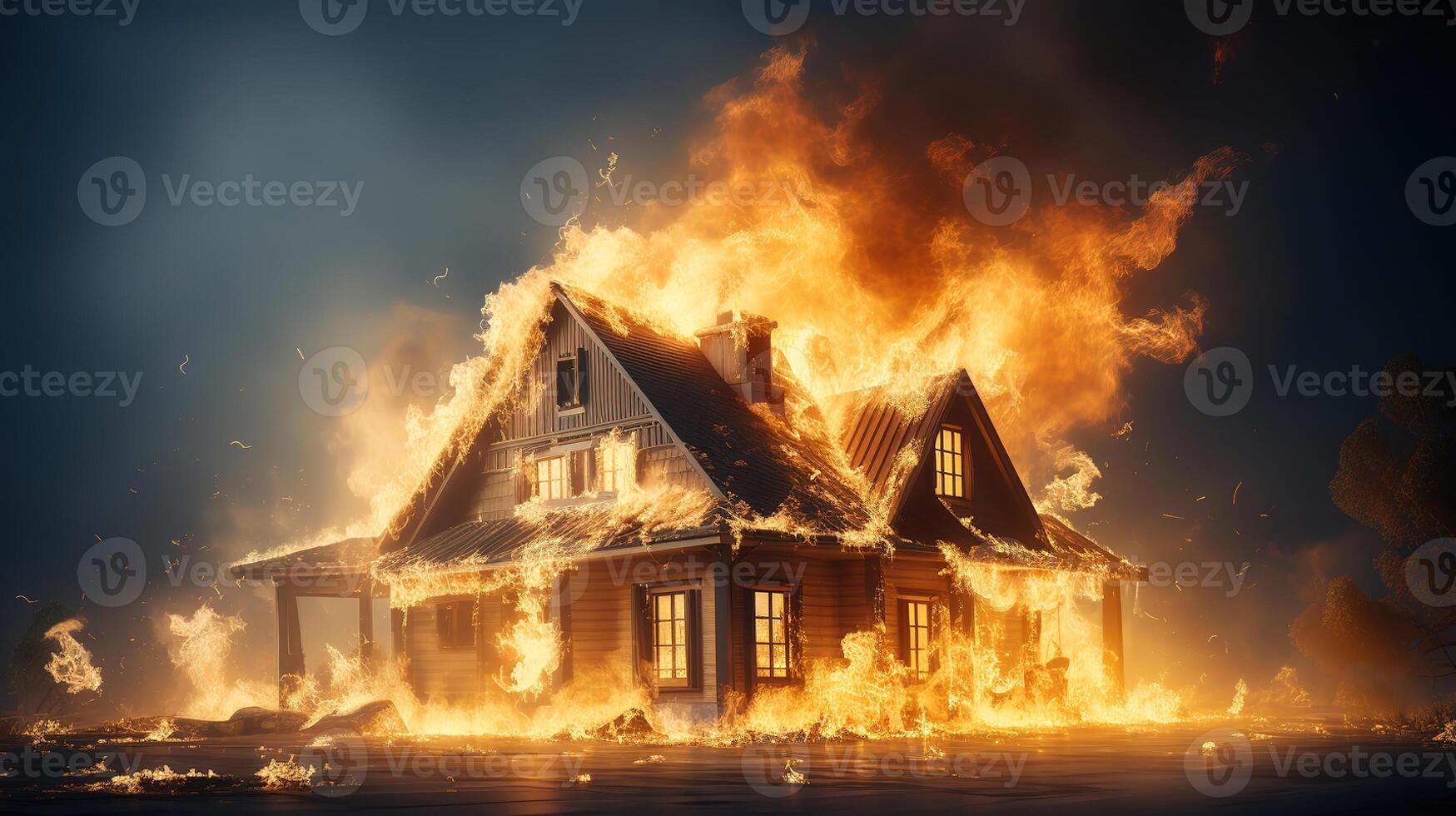House fire concept, Toy house with flames. photo