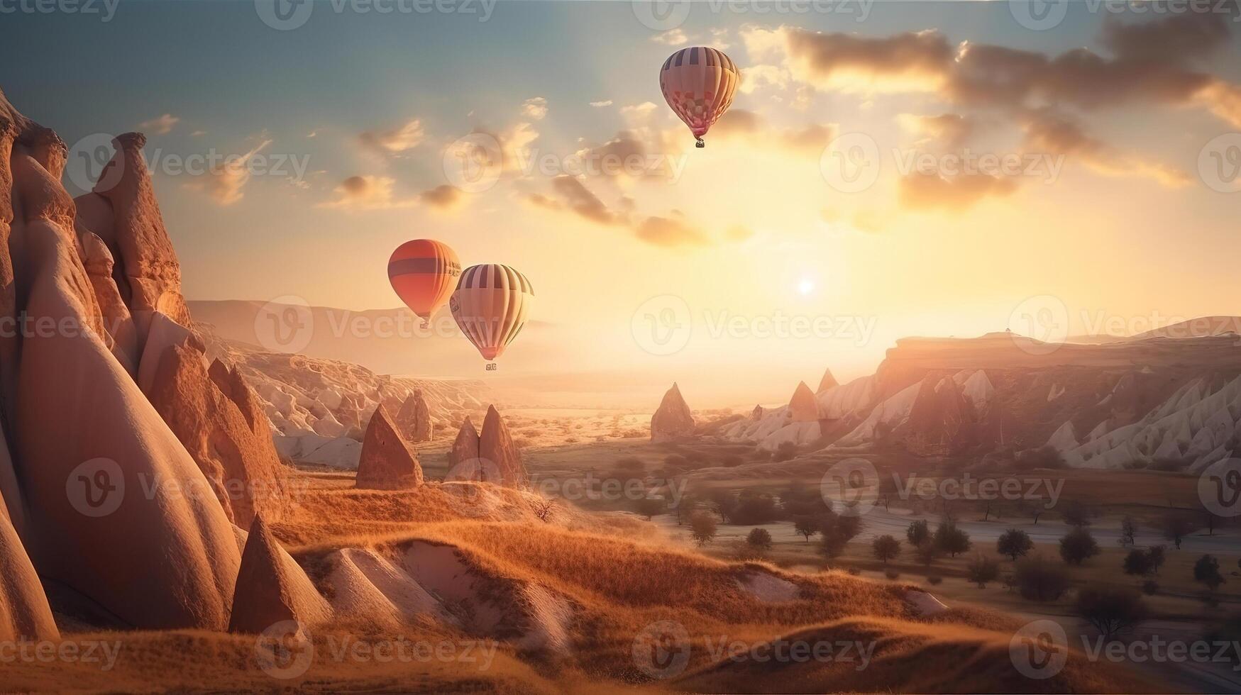 Landscape sunrise in Cappadocia with set colorful hot air balloon fly in sky. photo