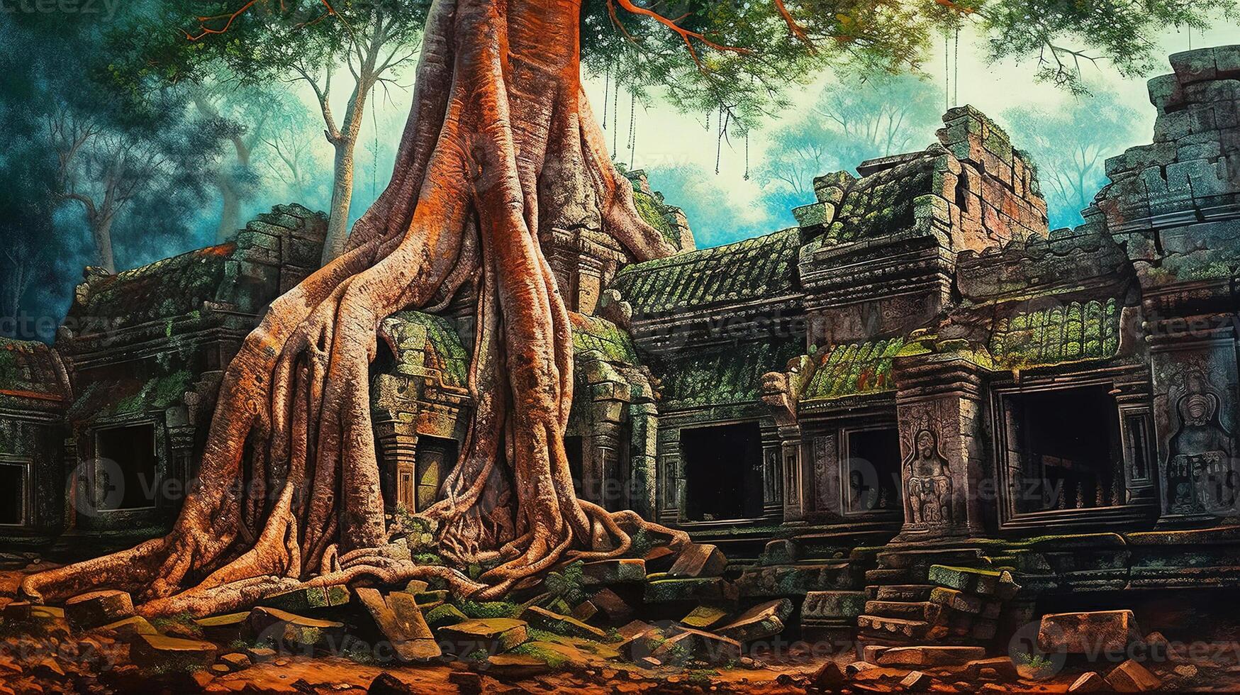 Green trees and the ruins of the angkor thom historic landmark in cambodia. photo