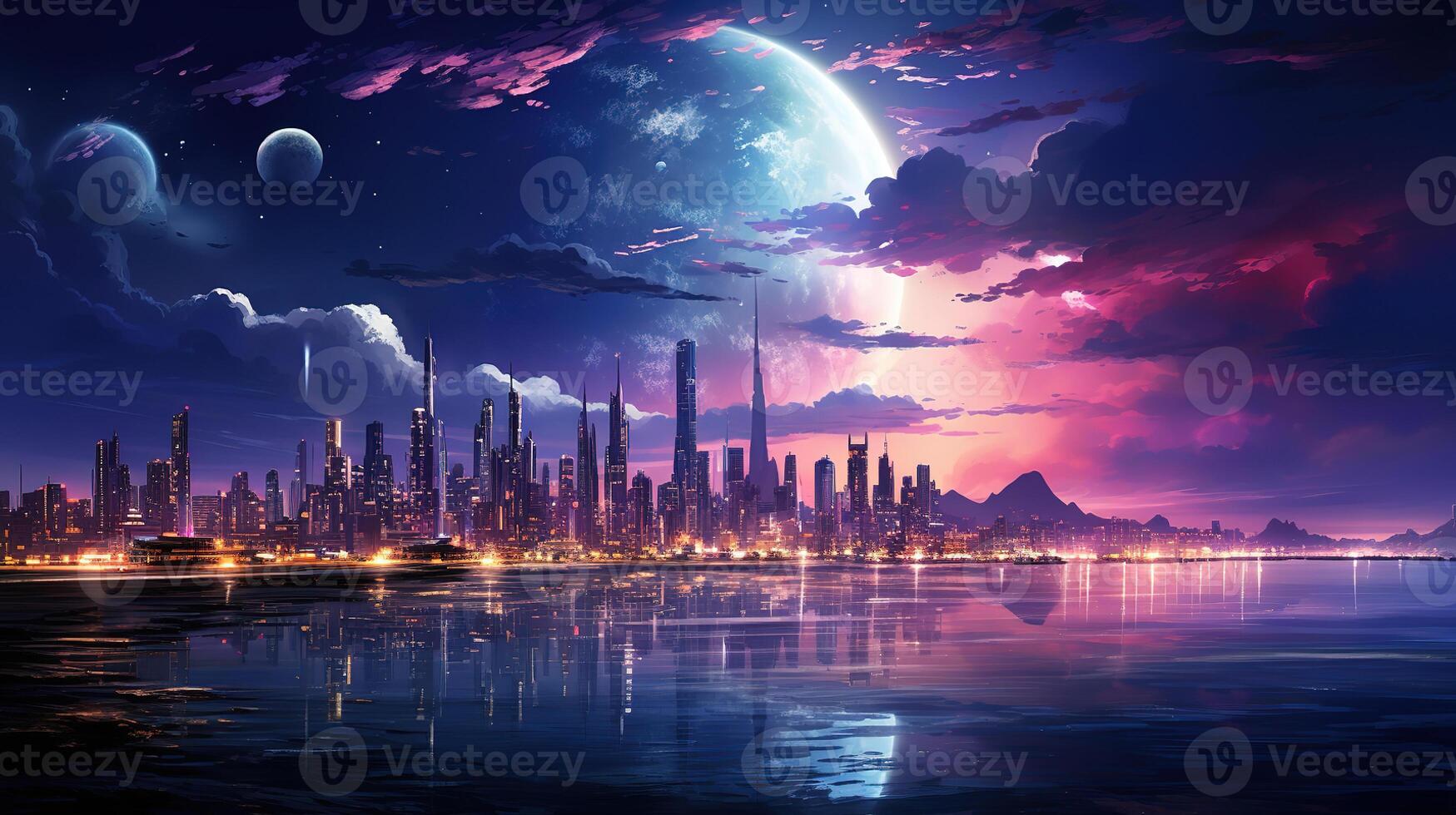 Background with night city in neon lights. photo