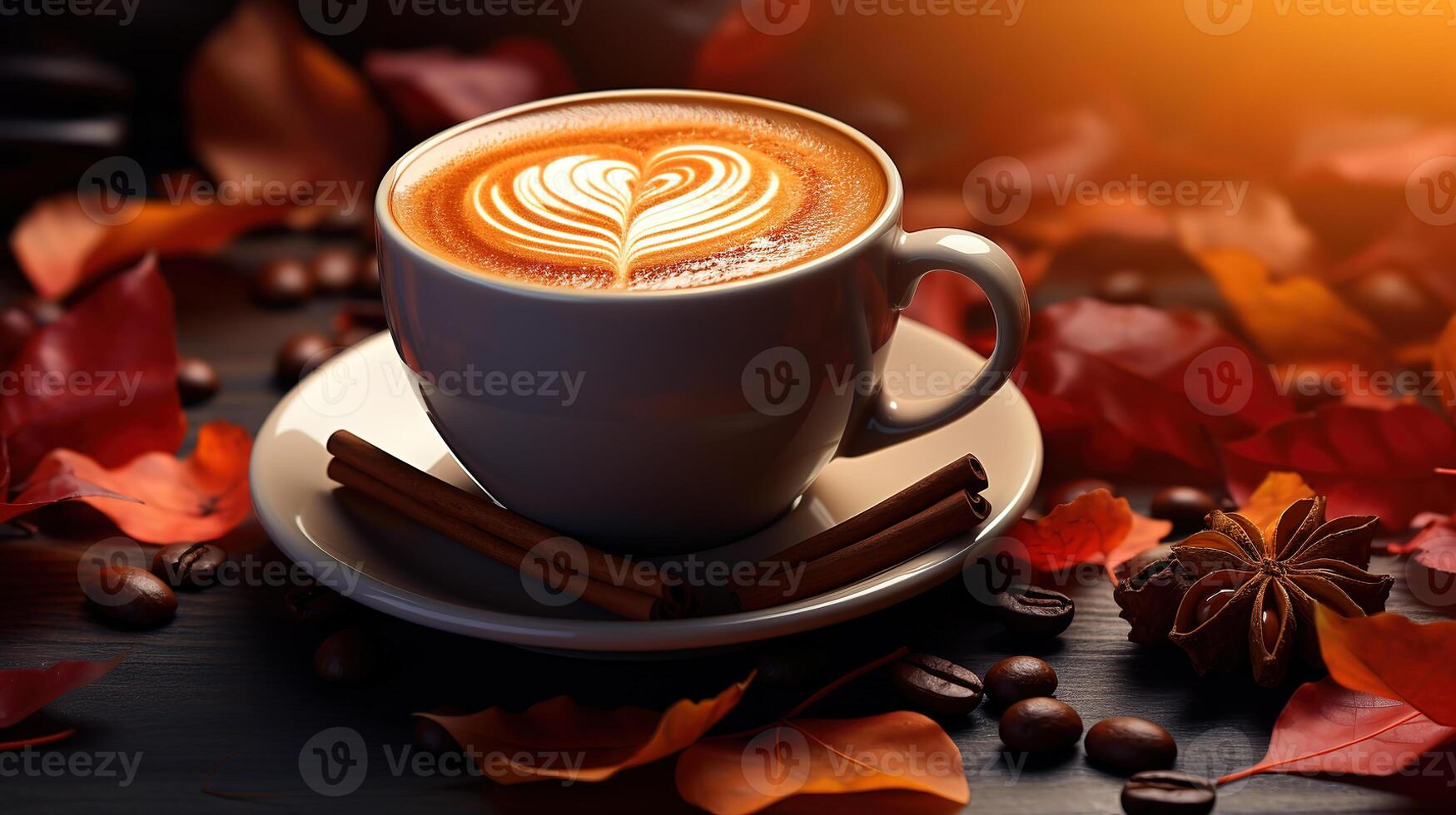 Cup of coffee with a heart of cinnamon on the table, maple leaves around. photo