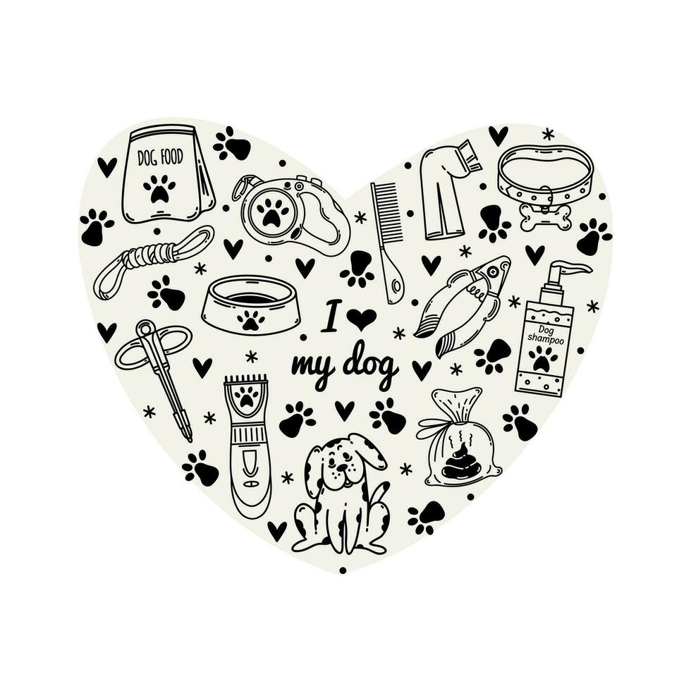 I love my dog vector set. Grooming and veterinary for a puppy. Pet accessories - food, bowl, collar with bone, leash with paw, toy, claw clipper, shaver. Black and white clipart for print, posters