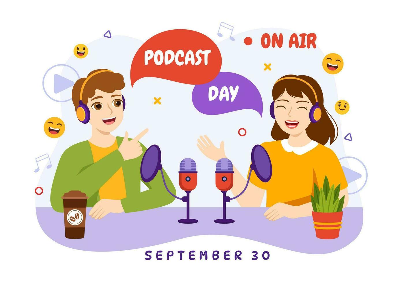 International Podcast Day Vector Illustration on September 30 with Broadcasting Studio Tools to Event Livestream in Cartoon Hand Drawn Templates