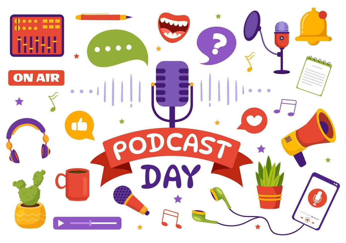internacional podcast día vector ilustración en septiembre 30 con radiodifusión estudio herramientas a evento transmisión en vivo en dibujos animados mano dibujado plantillas