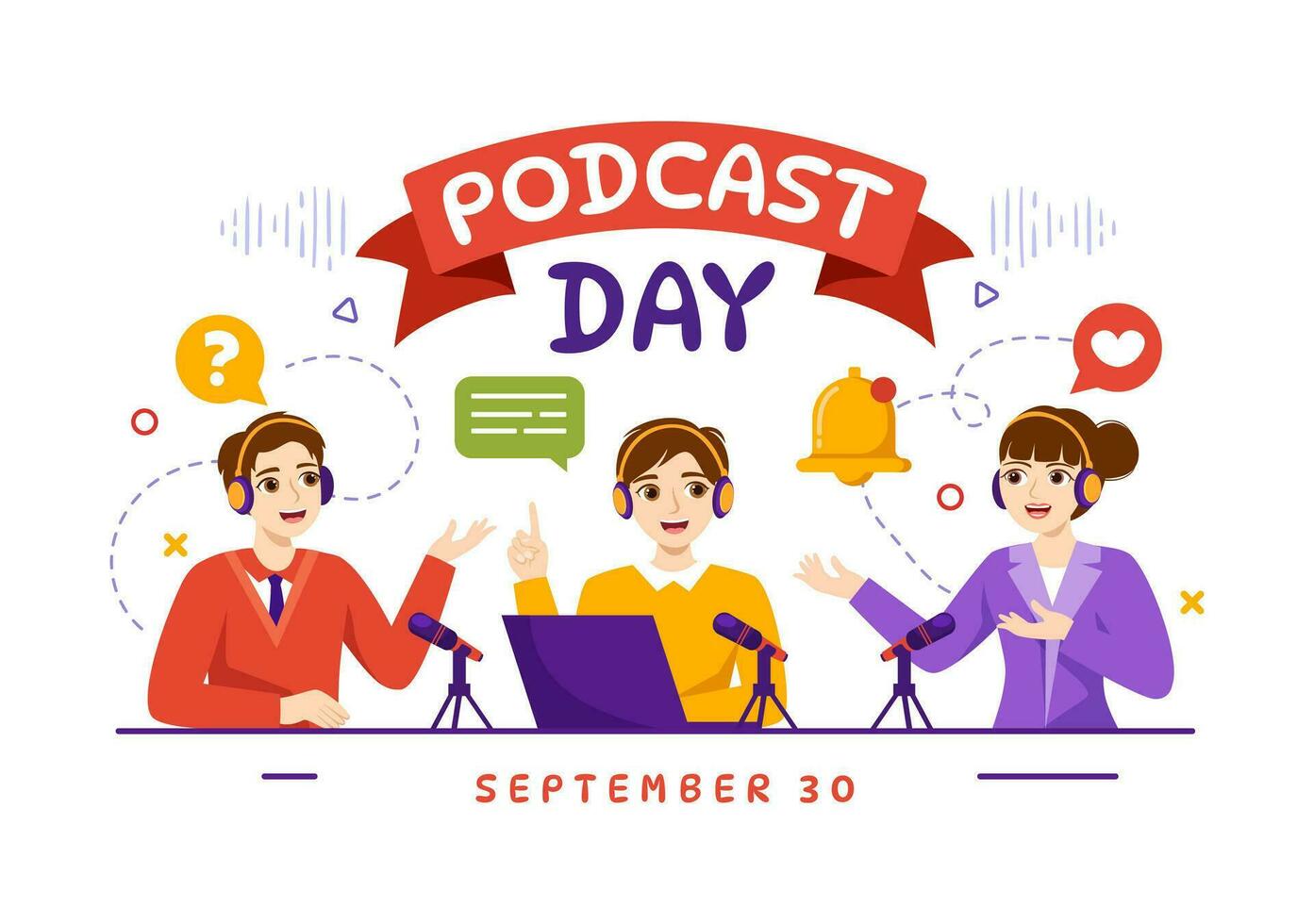 International Podcast Day Vector Illustration on September 30 with Broadcasting Studio Tools to Event Livestream in Cartoon Hand Drawn Templates