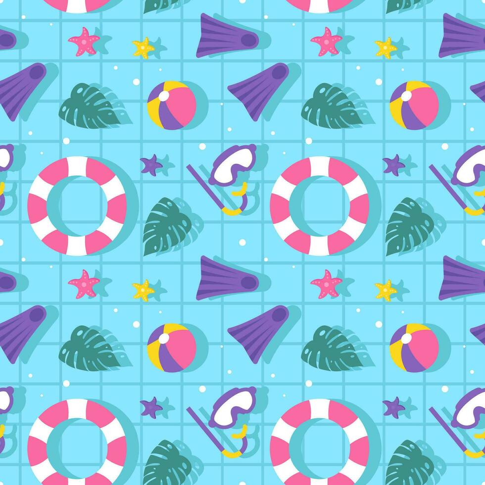 Swimming Pool Seamless Pattern Vector Illustration with Summer Vacation Element in Flat Cartoon Template Hand Drawn