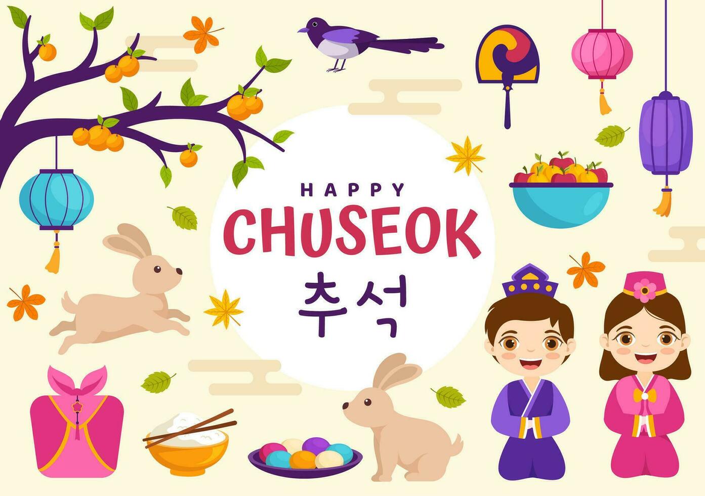 contento Chuseok día vector ilustración de coreano acción de gracias evento con niños vistiendo hanbok en otoño noche antecedentes mano dibujado modelo