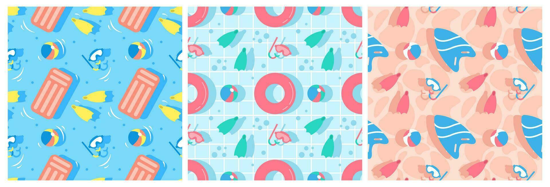 Set of Swimming Pool Seamless Pattern Vector Illustration with Summer Vacation Element in Flat Cartoon Template Hand Drawn