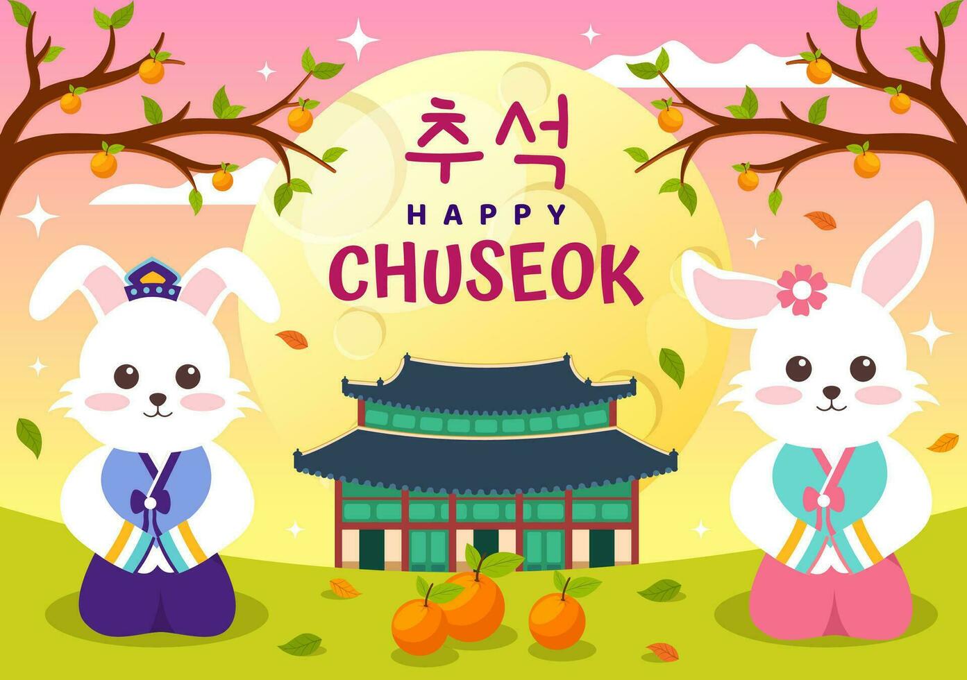 Happy Chuseok Day Vector Illustration of Korean Thanksgiving Event with Harvest Festival Celebrate on Autumn Night Background Hand Drawn Templates