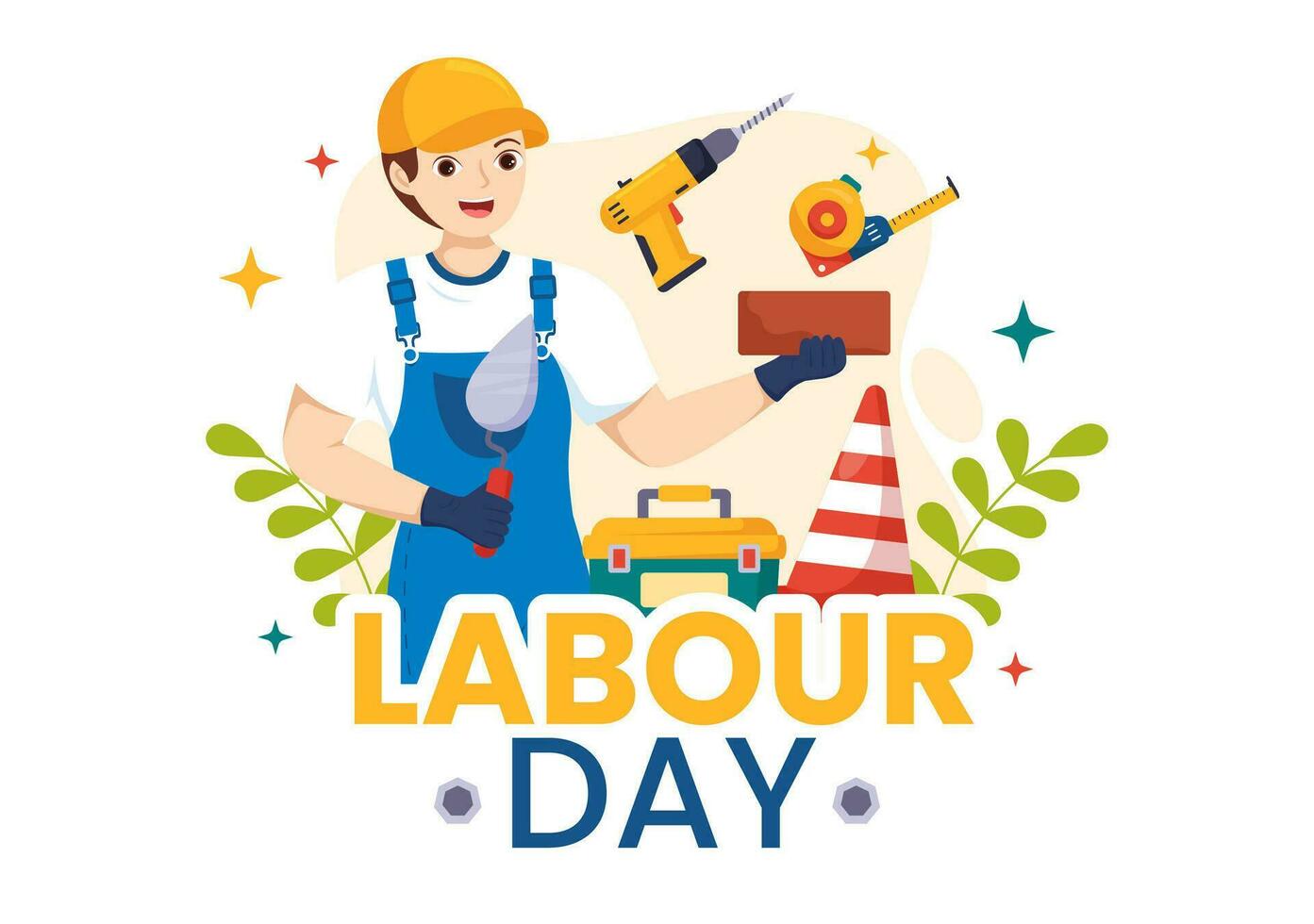 Happy Labor Day Vector Illustration with Various Construction Tools for Workers Buildings in Flat Cartoon Hand Drawn Background Templates