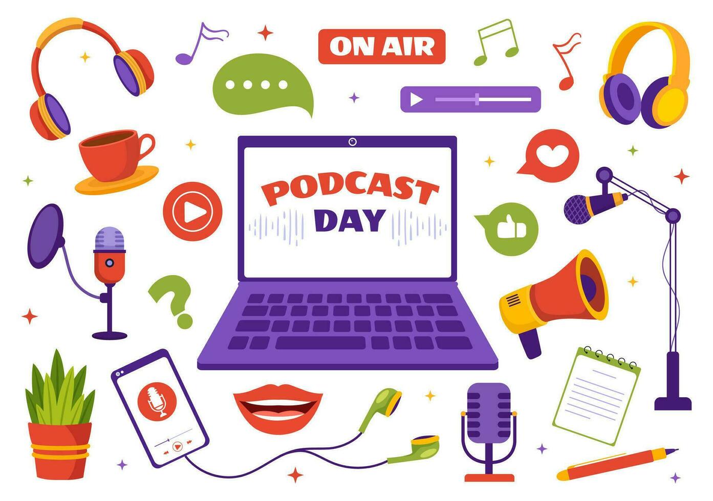 International Podcast Day Vector Illustration on September 30 with Broadcasting Studio Tools to Event Livestream in Cartoon Hand Drawn Templates