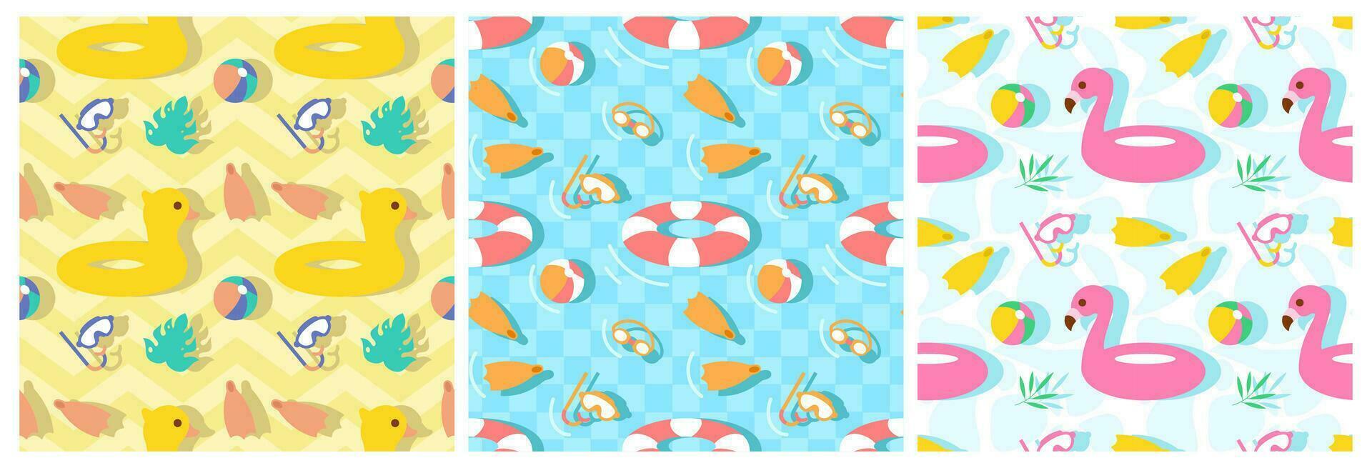 Set of Swimming Pool Seamless Pattern Vector Illustration with Summer Vacation Element in Flat Cartoon Template Hand Drawn