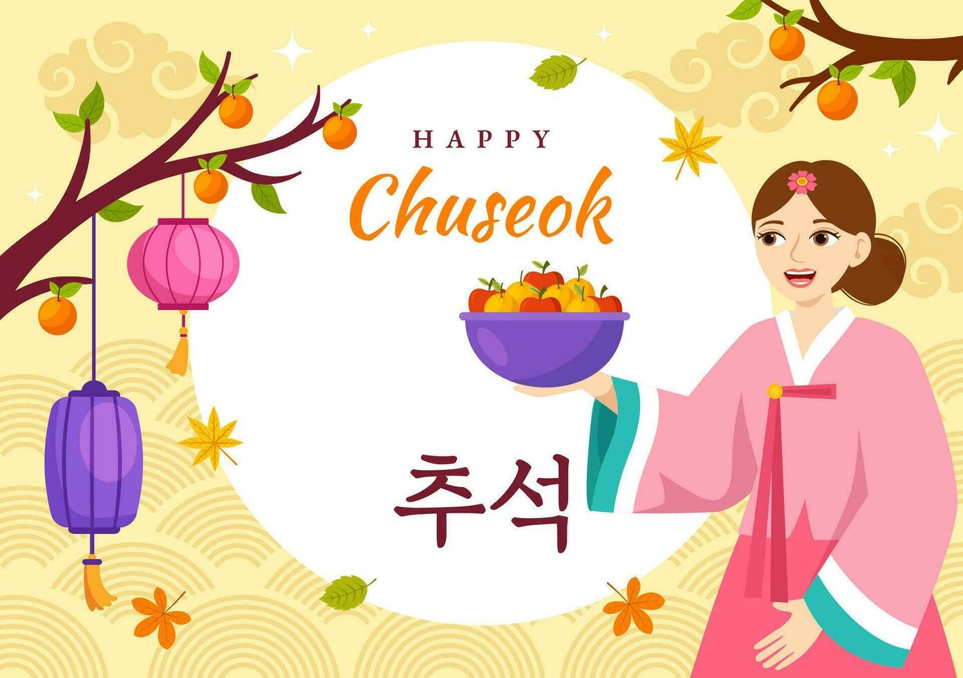 Happy Chuseok Day Vector Illustration of Korean Thanksgiving Event with Harvest Festival Celebrate on Autumn Night Background Hand Drawn Templates