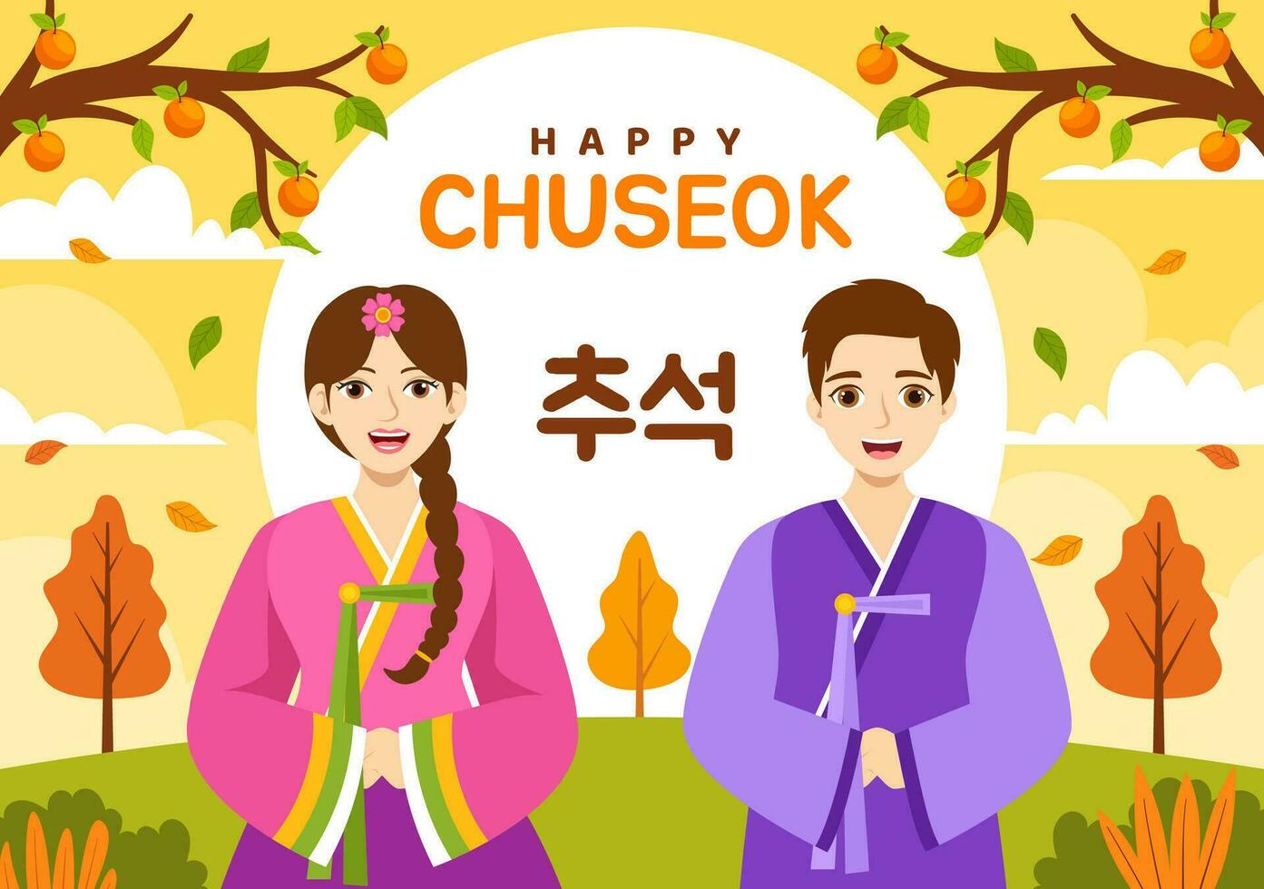 Happy Chuseok Day Vector Illustration of Korean Thanksgiving Event with Harvest Festival Celebrate on Autumn Night Background Hand Drawn Templates